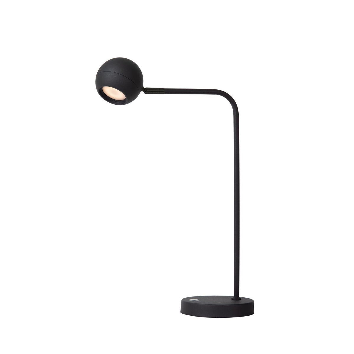 Vue d'ensemble de la lampe à poser noire avec tête sphérique et bras coudé