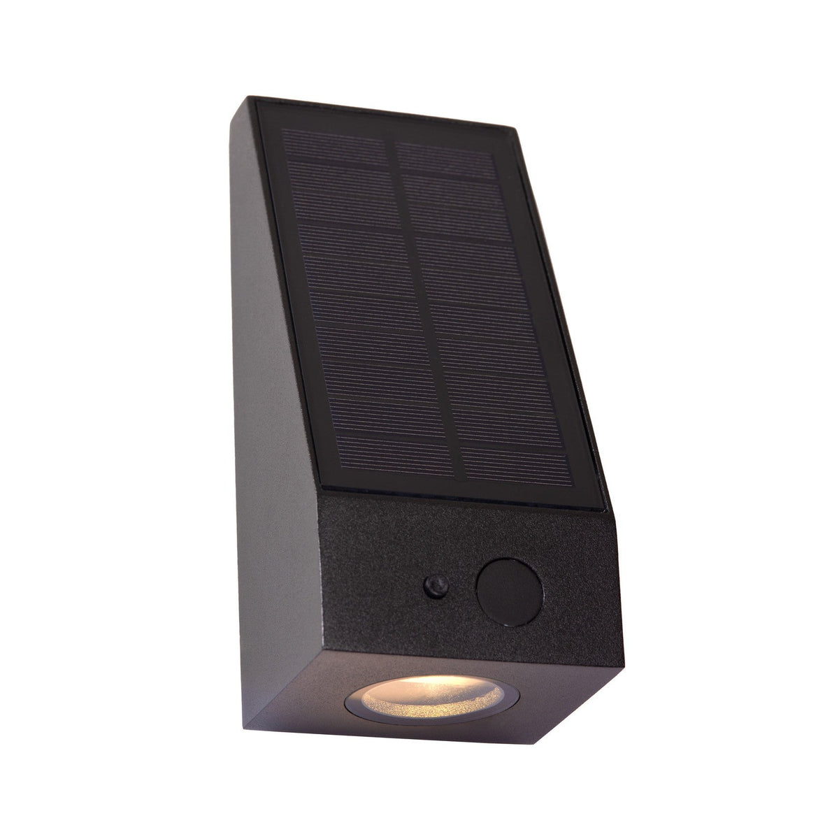Applique murale solaire noire inclinée, panneau photovoltaïque sur le dessus et éclairage vers le bas