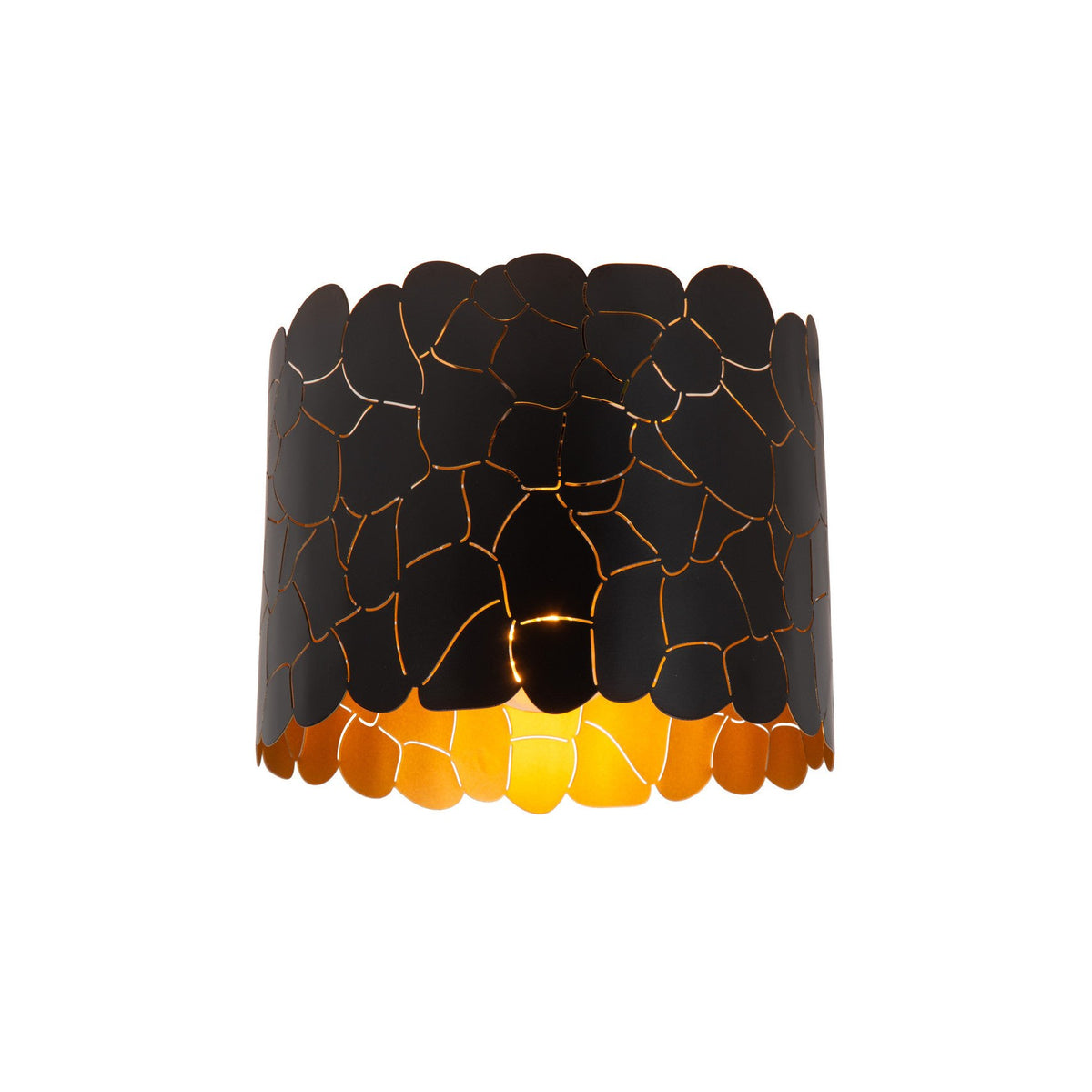 Vue de face du plafonnier cylindrique noir et doré, motif floral découpé