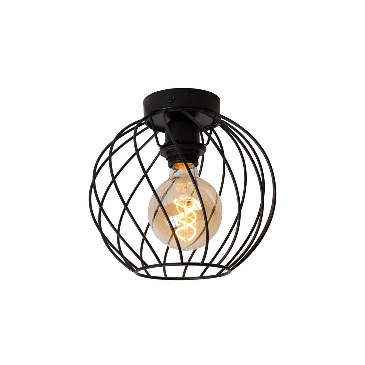 Plafonnier sphérique noir à cage en métal, ampoule à filament allumée, fond blanc