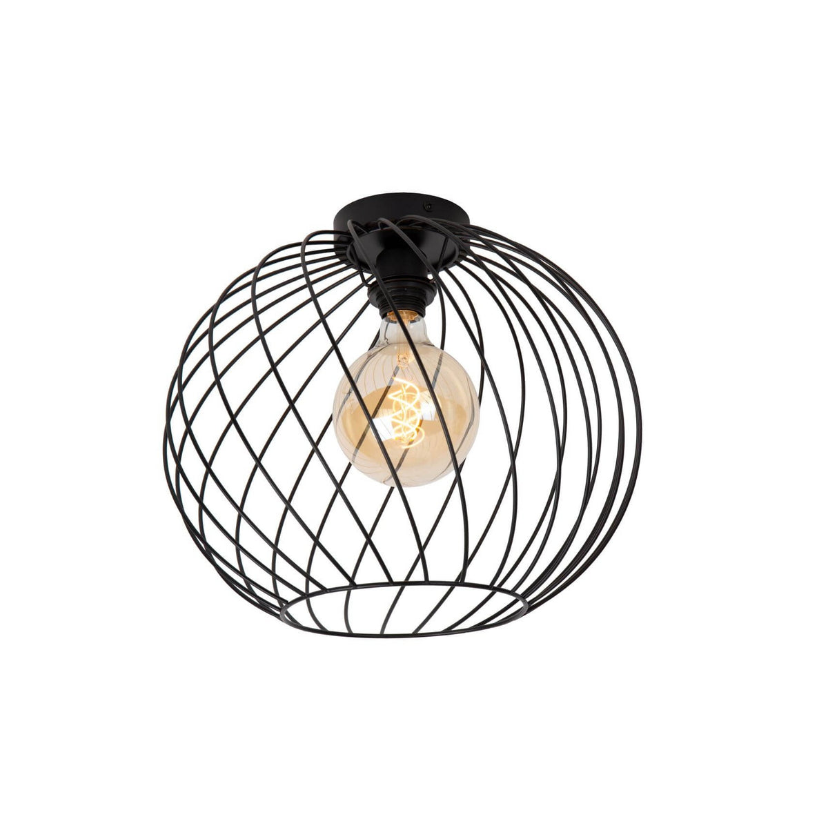 Plafonnier sphérique en fil métallique noir, ampoule globe allumée, vue de face sur fond blanc
