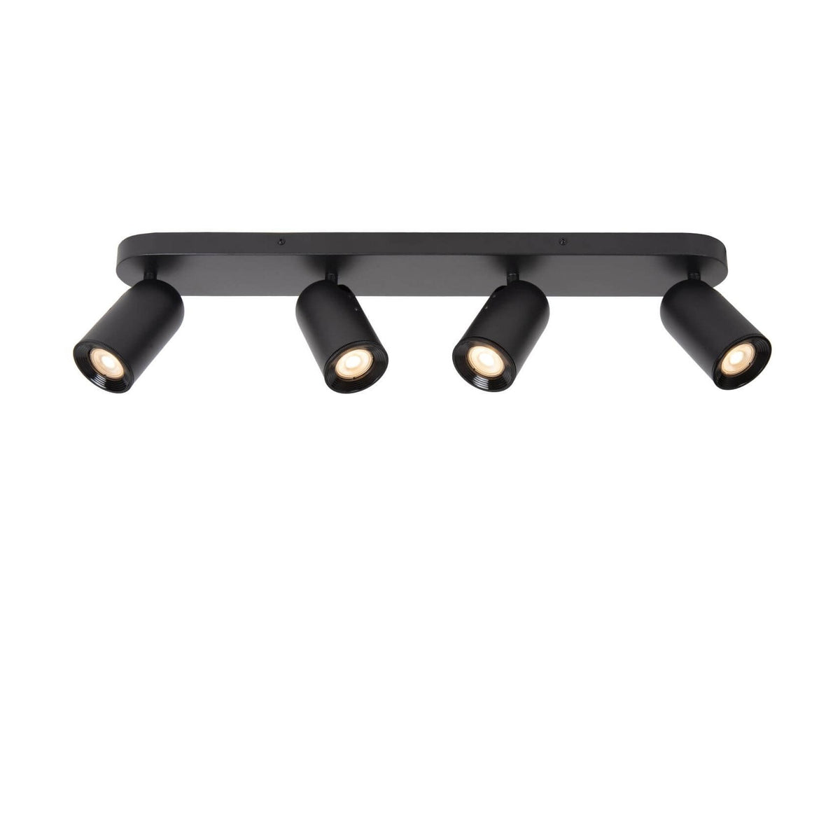 Vue de face du plafonnier noir à quatre spots cylindriques orientables.