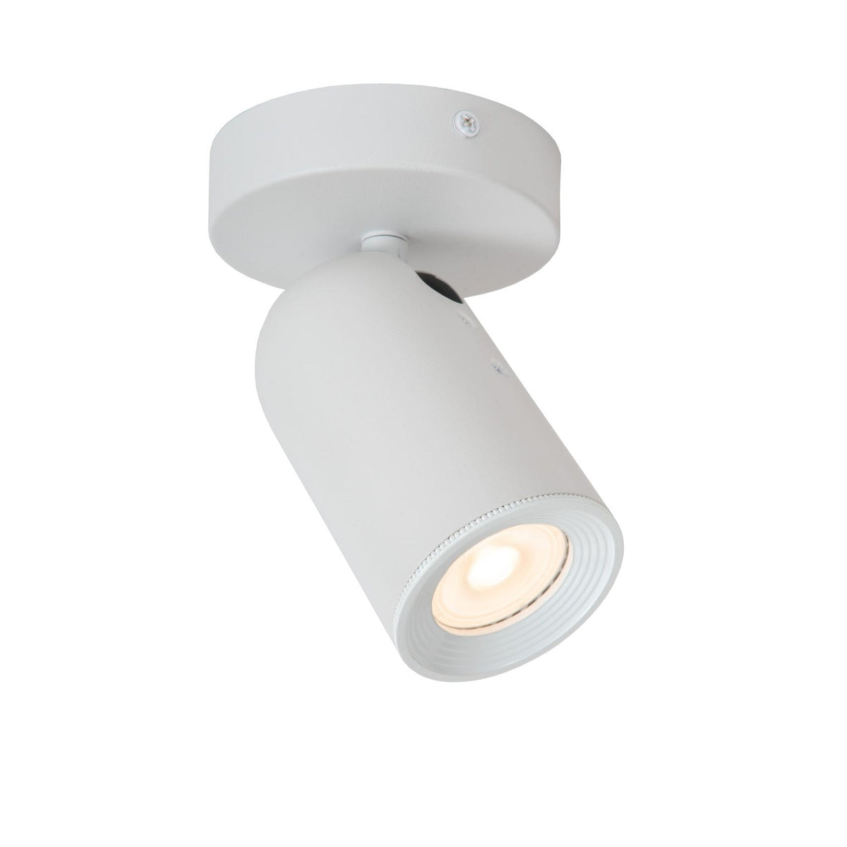 Plafonnier blanc orientable avec corps cylindrique et embase ronde, vu de trois quarts.