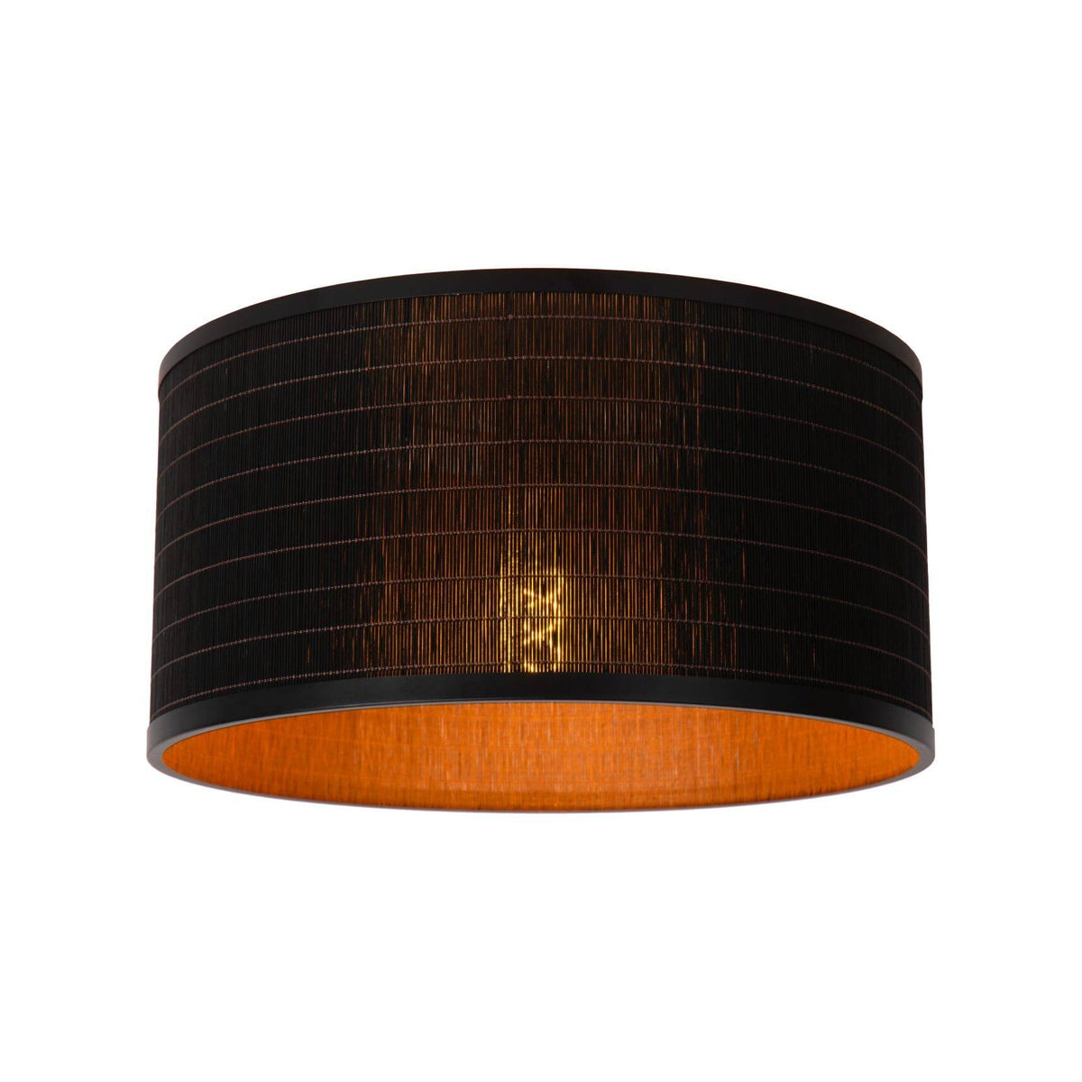 Plafonnier cylindrique noir vu de face, abat-jour tissé laissant deviner l'intérieur clair.