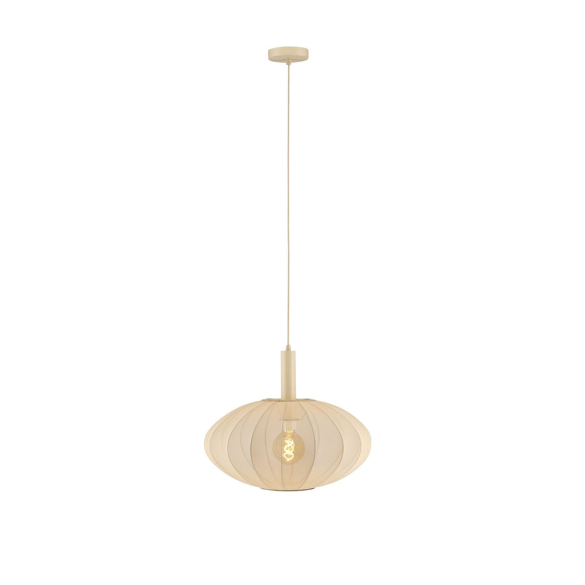 Suspension beige en tissu ovale, vue de face avec rosace et câble textile.