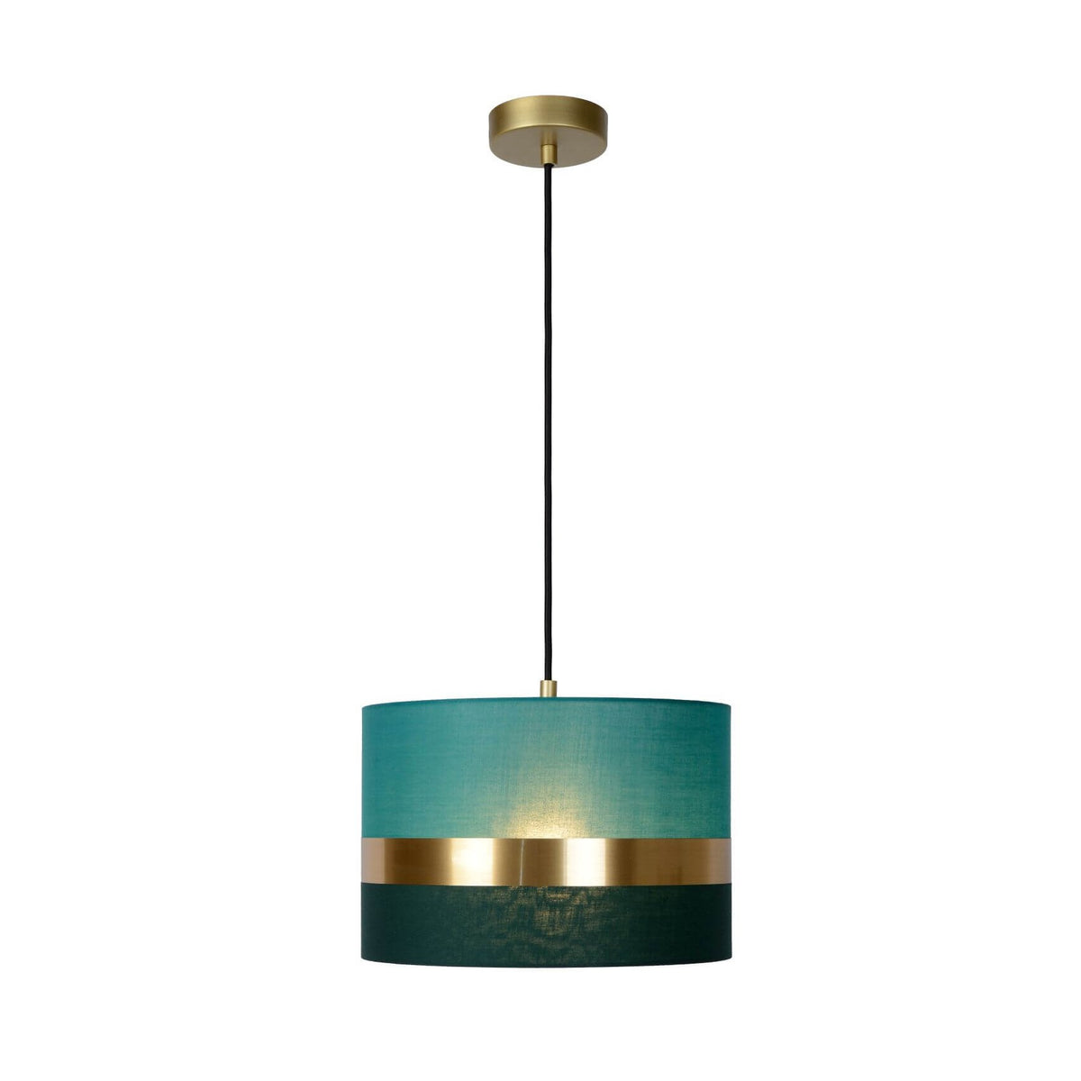 Suspension cylindrique verte et dorée, câble noir et base dorée, sur fond blanc