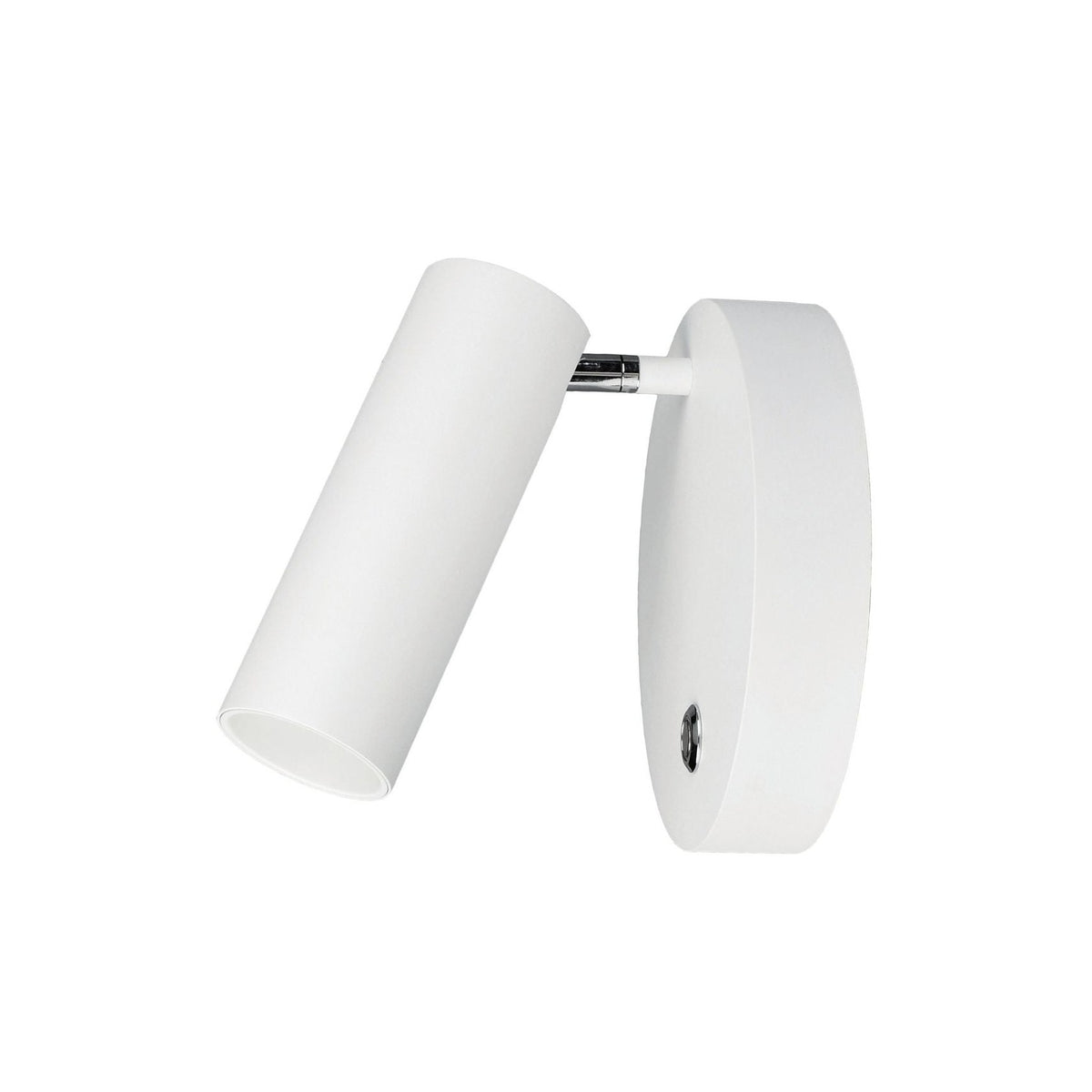 Applique murale blanche fixée au mur avec projecteur cylindrique orientable et base ronde.
