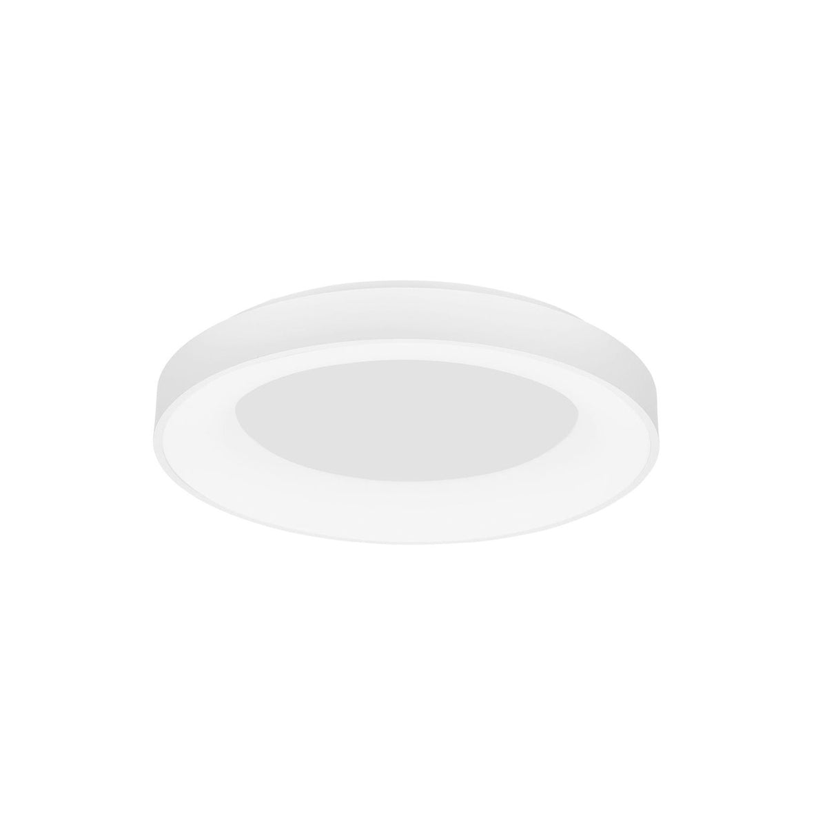 Plafonnier rond blanc très plat vu de trois quarts sur fond neutre