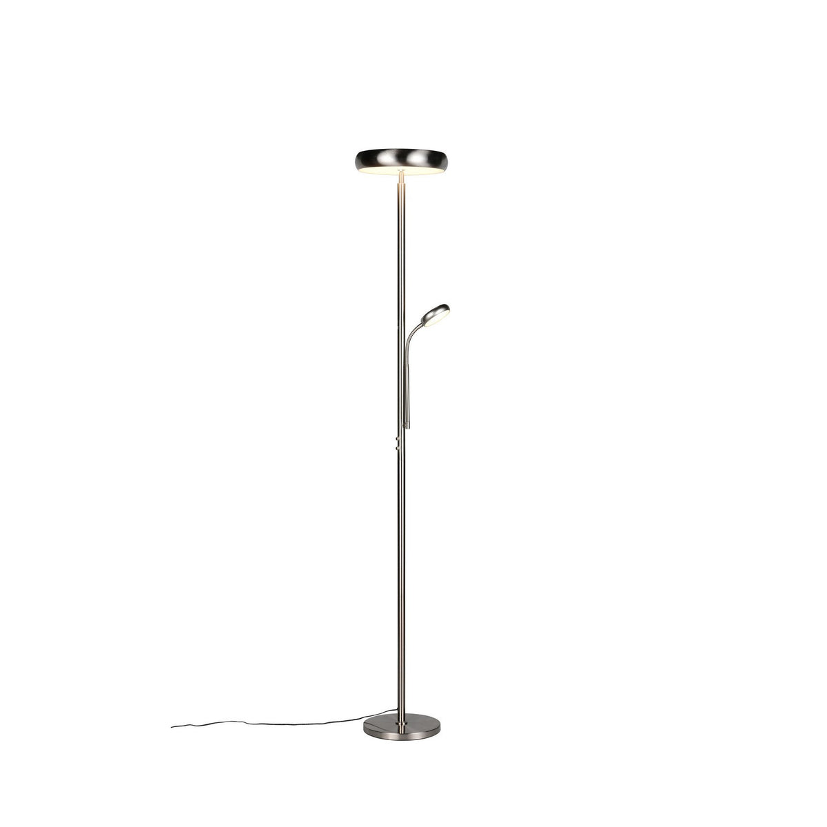 Lampadaire nickel satiné de face avec diffuseur circulaire et bras de lecture orientable
