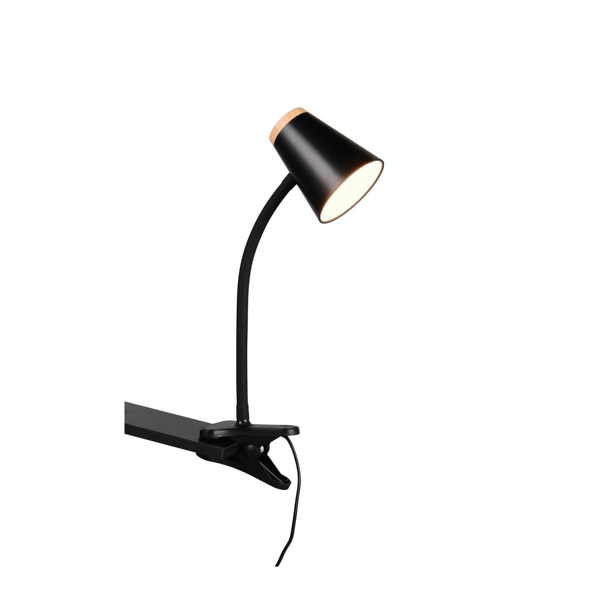 Lampe de bureau noire à pince, col flexible et abat-jour conique orientable.