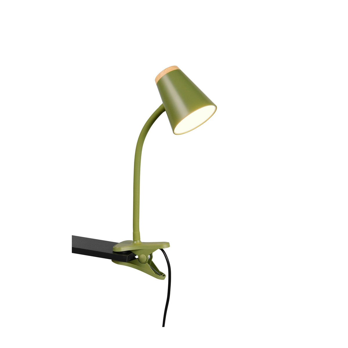 Lampe de bureau verte clip avec bras flexible et abat-jour conique orientable.