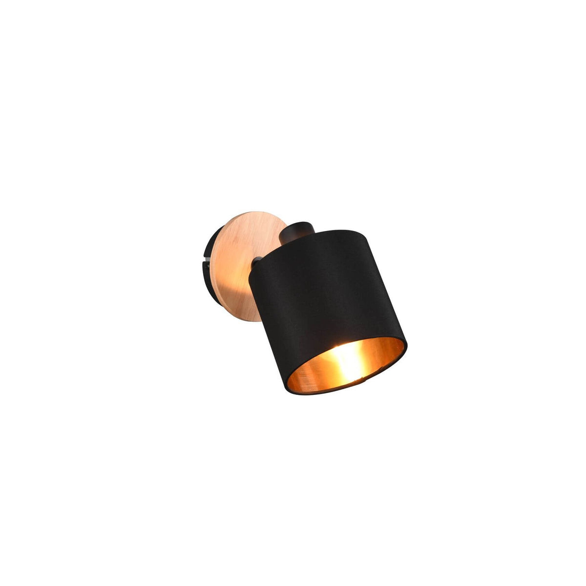 Spot cylindrique noir orientable avec intérieur cuivré et base ronde en bois clair.