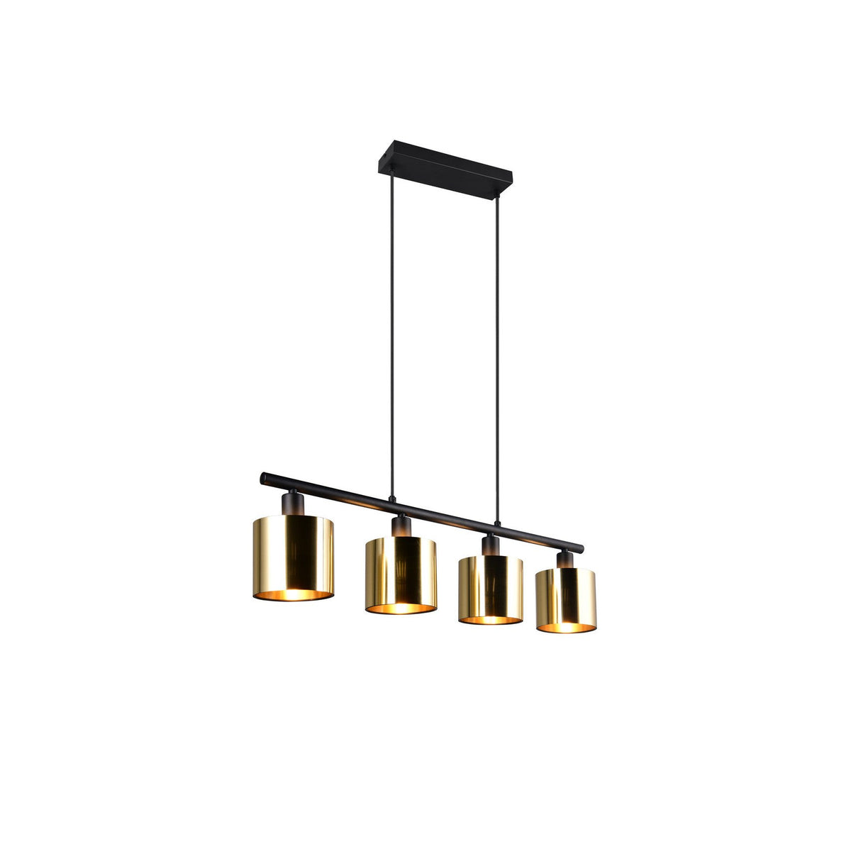 Vue de face de la suspension quatre lumières dorées avec barre noire et cordons