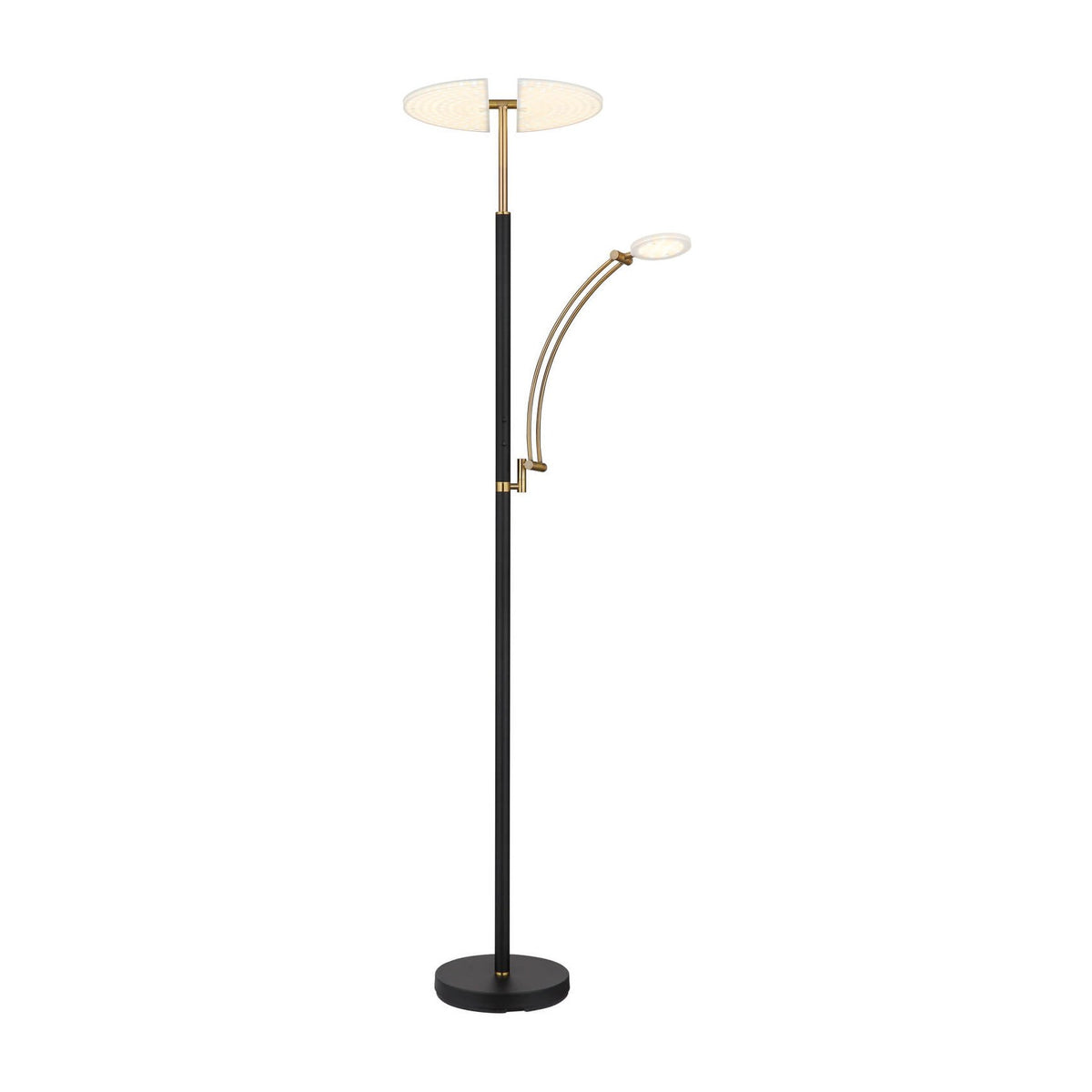Lampadaire noir mat et laiton, double abat-jour ovale et bras de lecture orientable