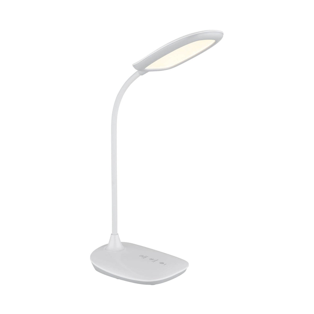 Lampe de bureau blanche avec tête ovale inclinée et base tactile.