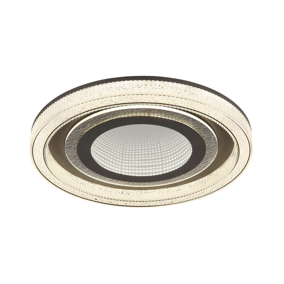 Plafonnier rond vu de face, cerclage en verre texturé et centre LED allumé.