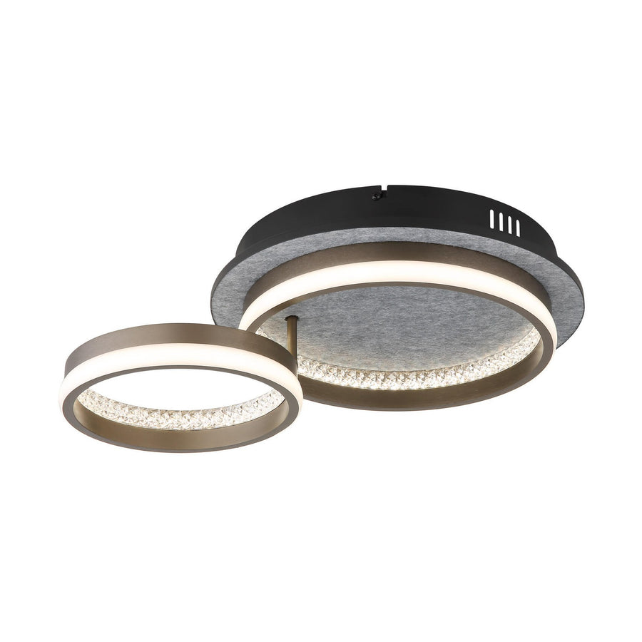 Plafonnier double anneau vu de trois quarts, finition noir mat et gris