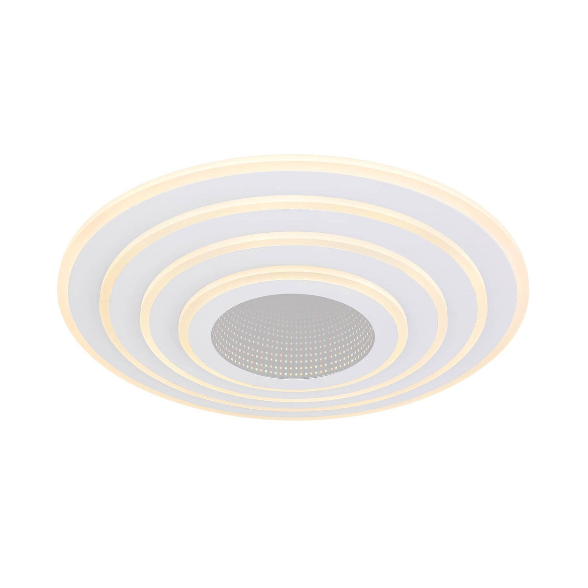 Vue de face du plafonnier rond blanc aux anneaux concentriques lumineux