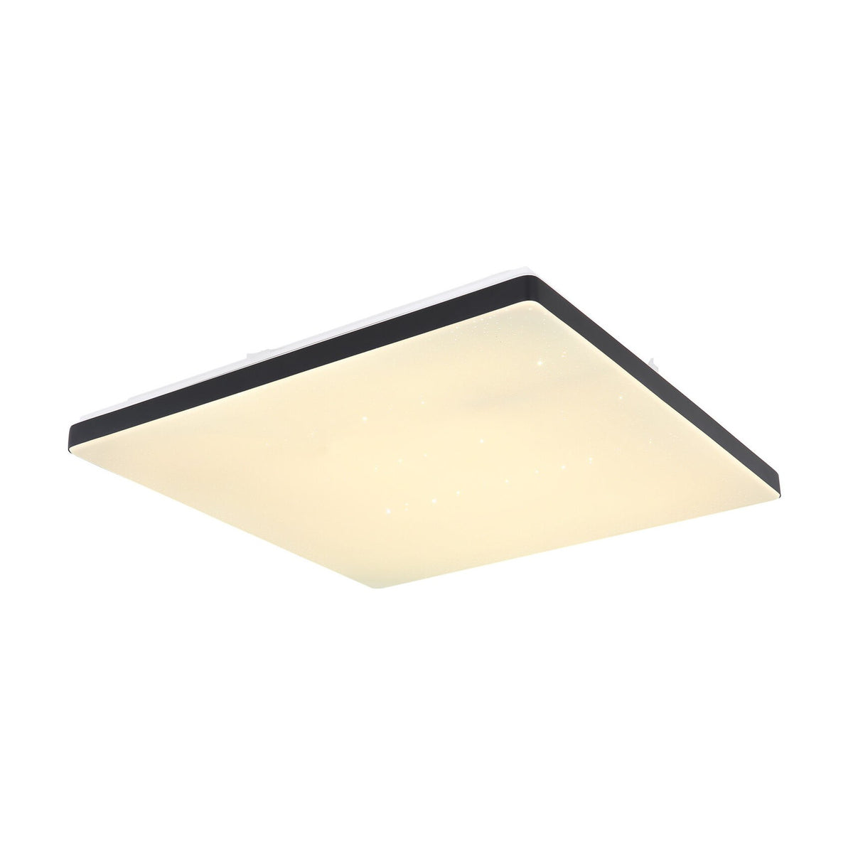 Plafonnier carré blanc vu de dessous, diffuseur crème et liseré noir, photo produit.