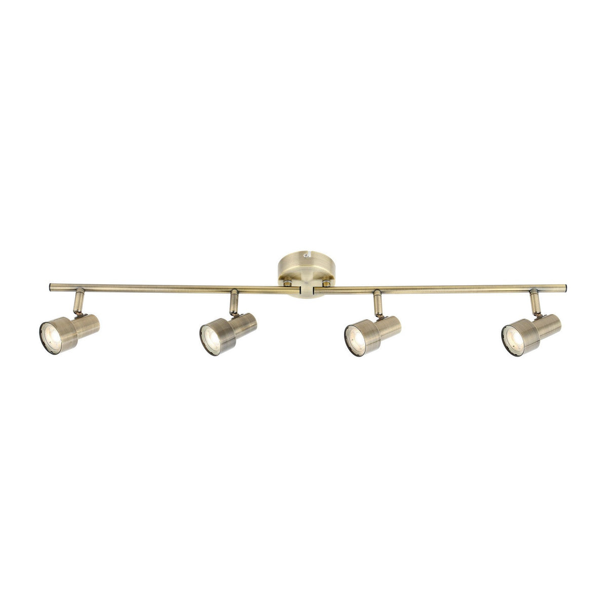 Luminaire spot bronze à quatre têtes orientables, barre horizontale, vue de face sur fond blanc