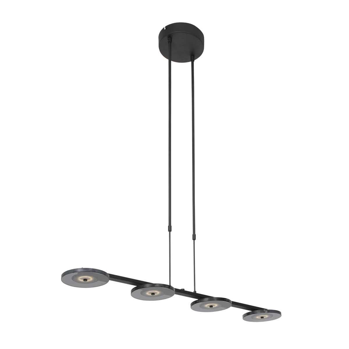 Vue en biais du luminaire montrant la finesse du bras et ses quatre spots alignés