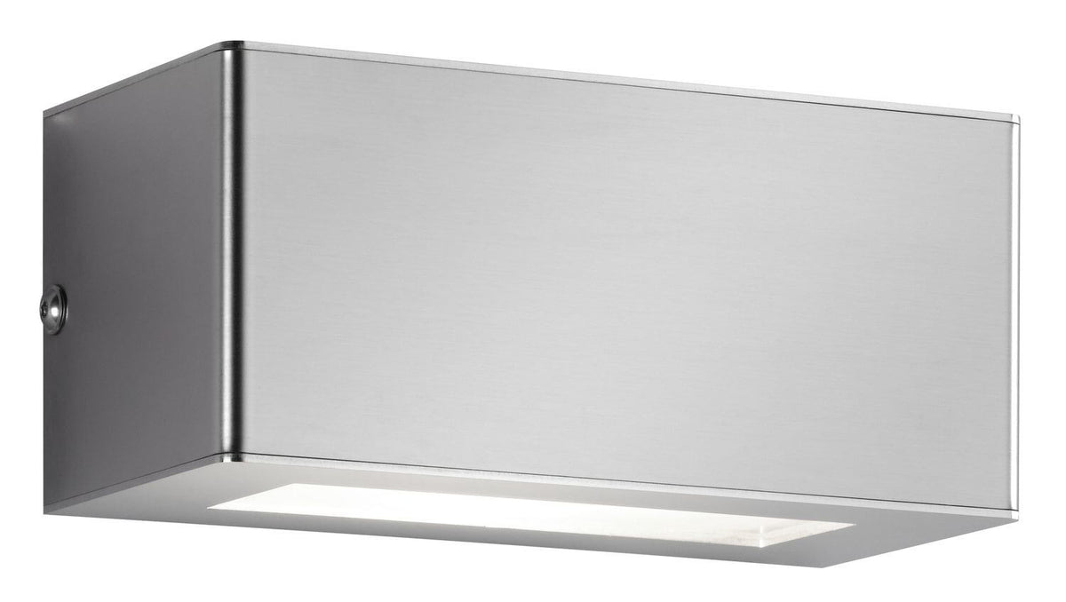 Vue de trois quarts d'une applique murale inox avec diffuseur blanc encastré.