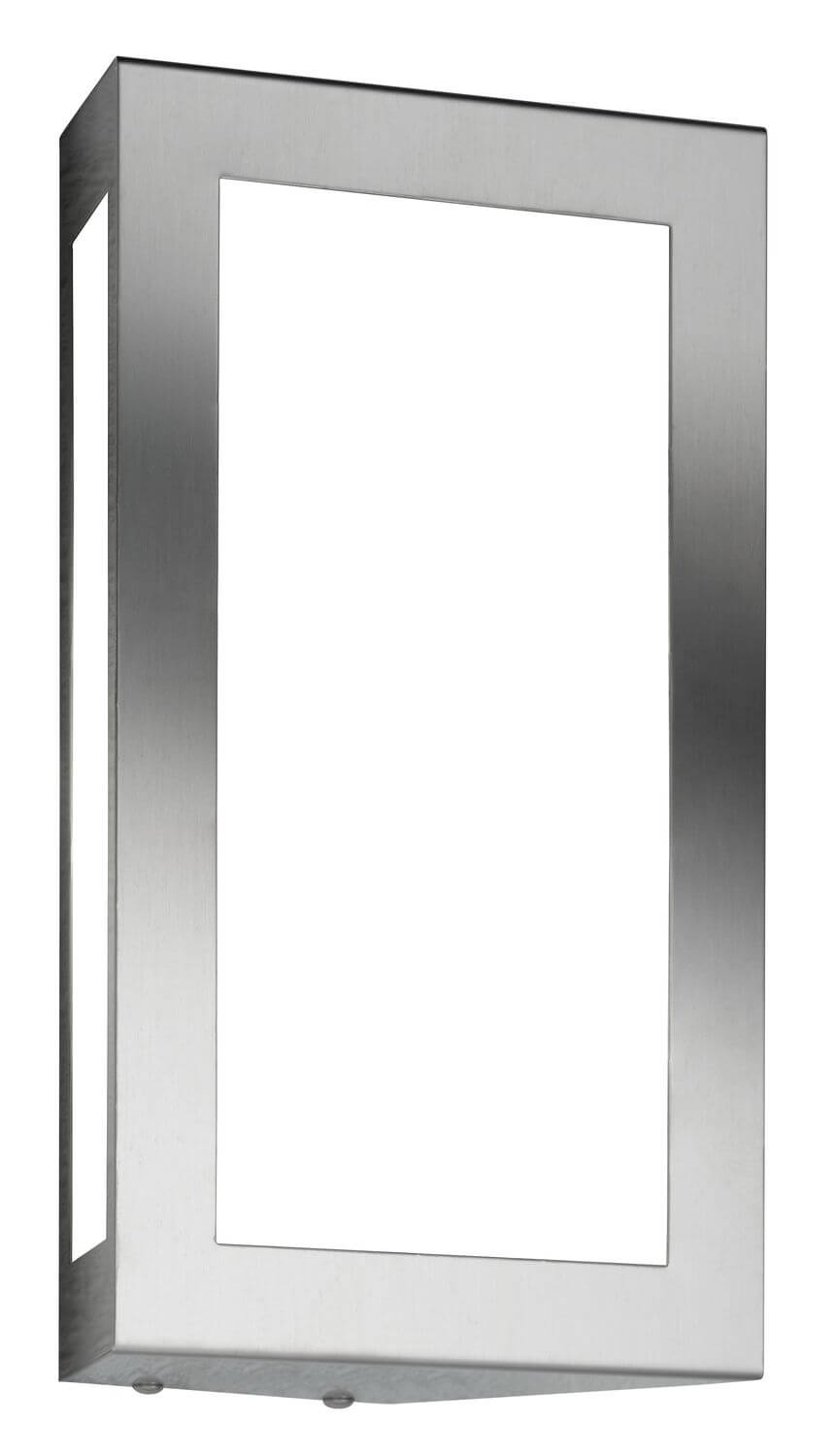 Face avant de l'applique rectangulaire en acier inoxydable avec large panneau lumineux.