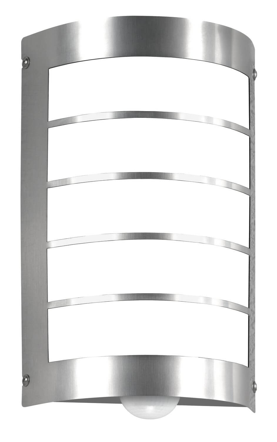Vue de face de l'applique extérieure en acier inoxydable avec verre dépoli et cerclages.