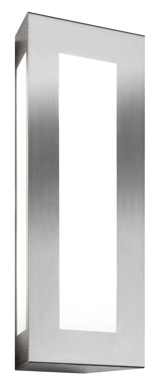 Vue de face de l'applique murale verticale montrant le cadre inox et le diffuseur central.