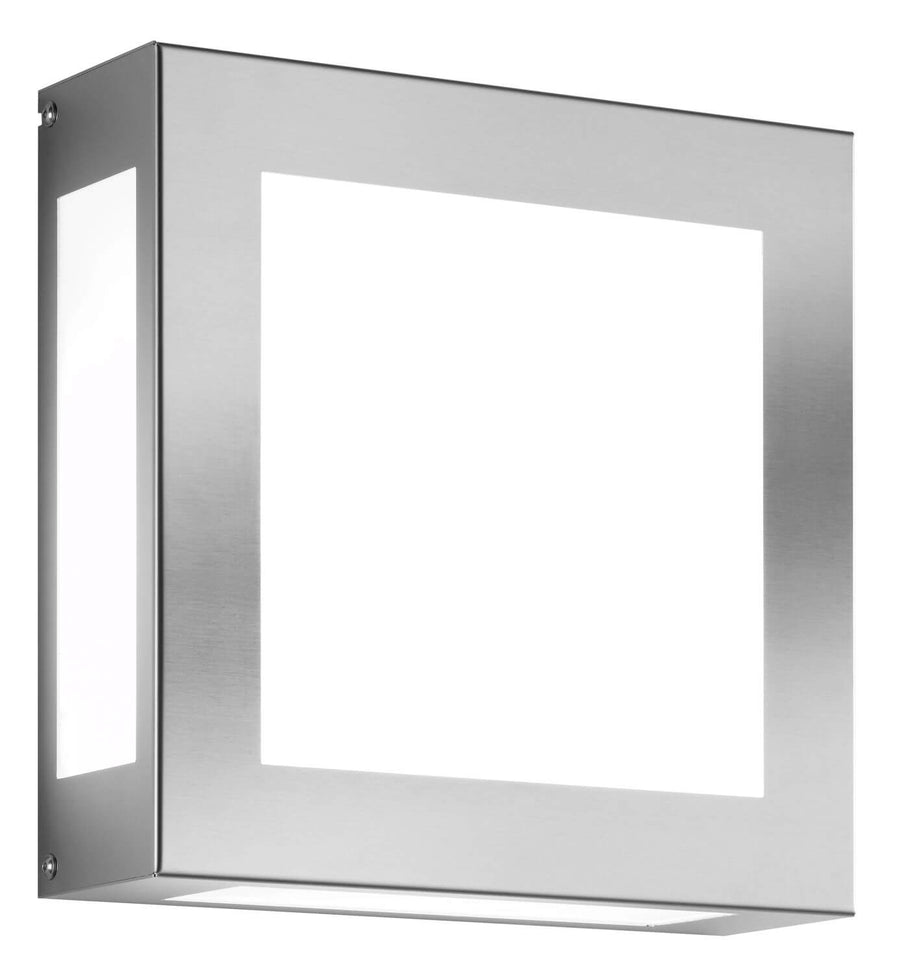 Vue de trois quarts de l'applique extérieure carrée en inox avec diffuseur blanc.
