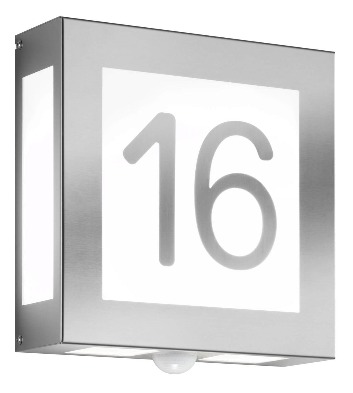 Vue de face d'une applique murale carrée en inox avec numéro 16 et détecteur