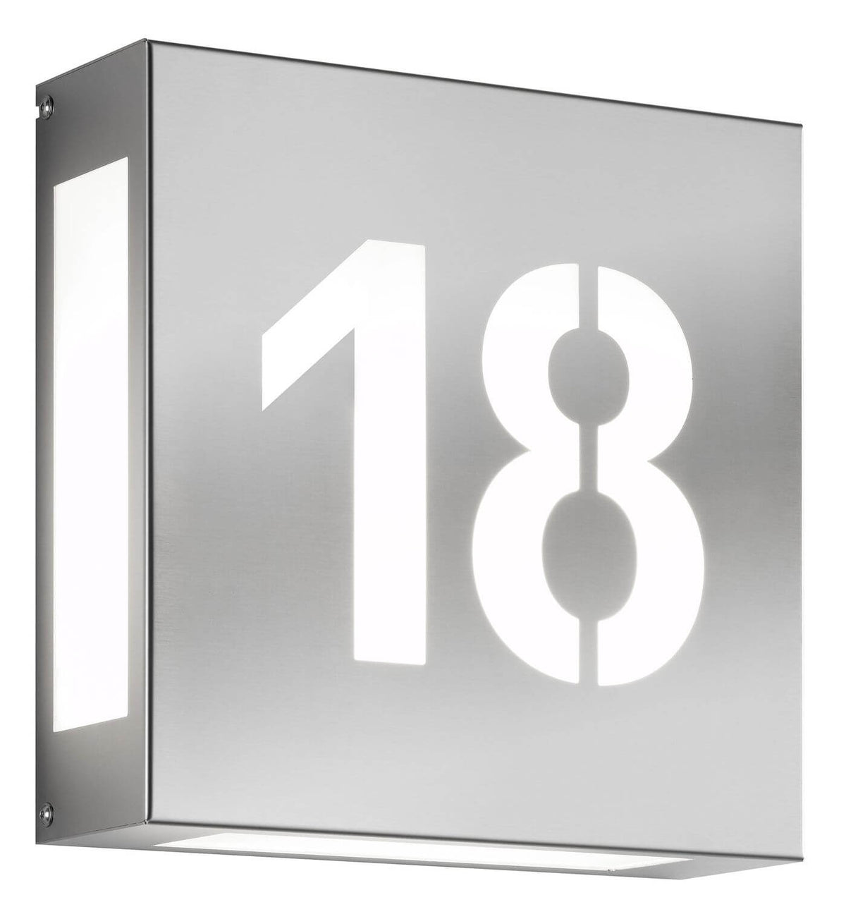 Vue de face de l’applique murale inox avec numéro 18 lumineux et éclairage latéral