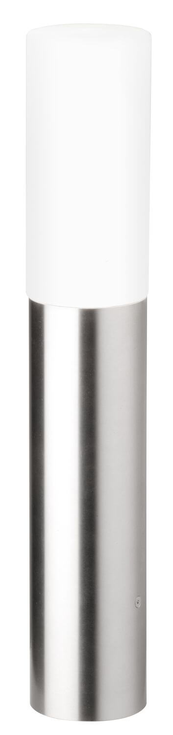 Luminaire cylindrique inox avec diffuseur blanc laiteux, vue de face sur fond blanc