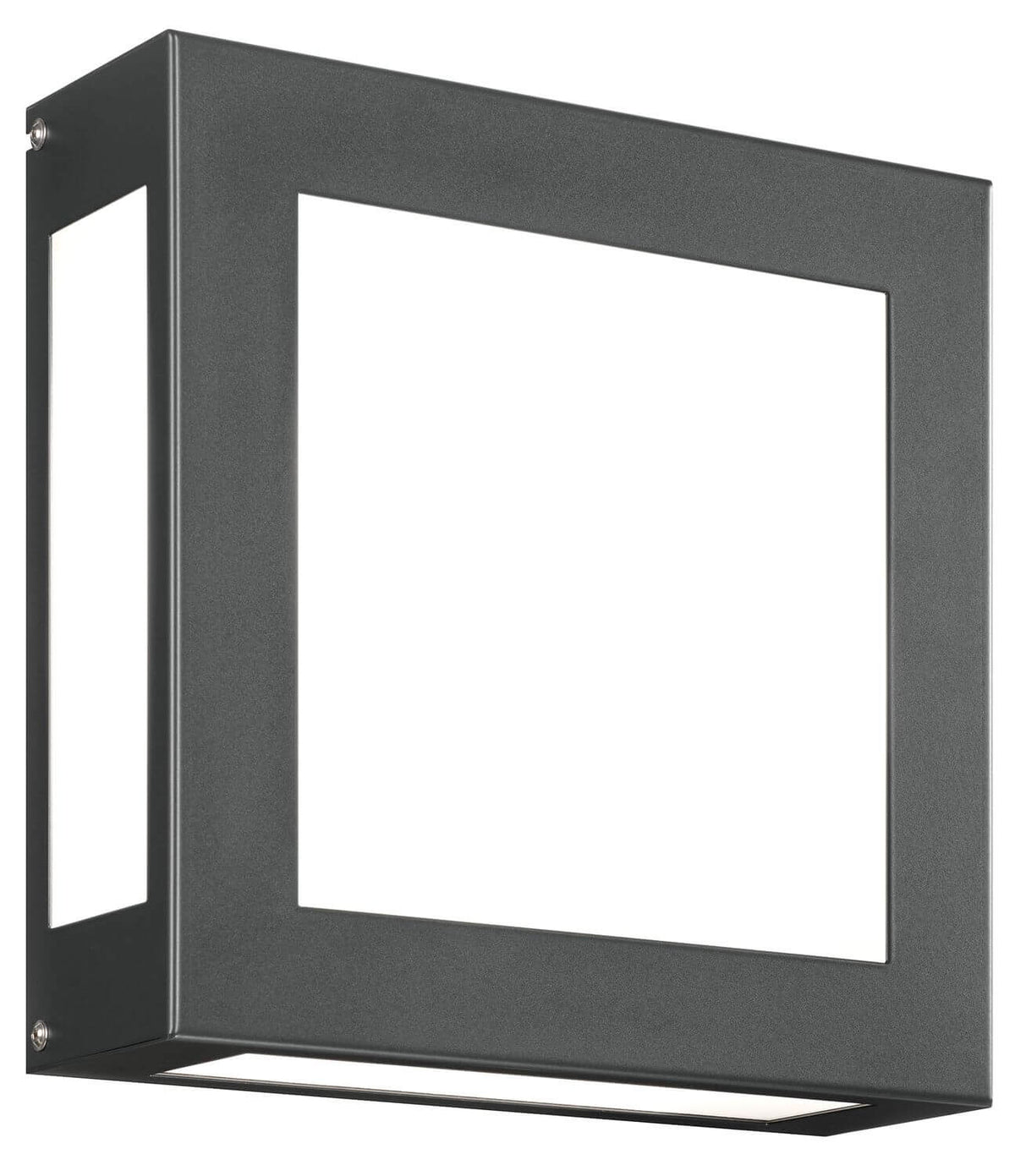 Vue de face de l'applique murale carrée anthracite avec diffuseur blanc et éclairage bas.