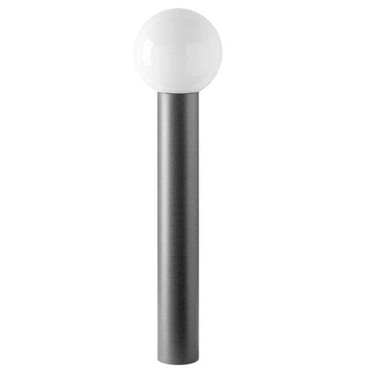 Luminaire extérieur sur pied, globe blanc et corps cylindrique anthracite, vue de face.