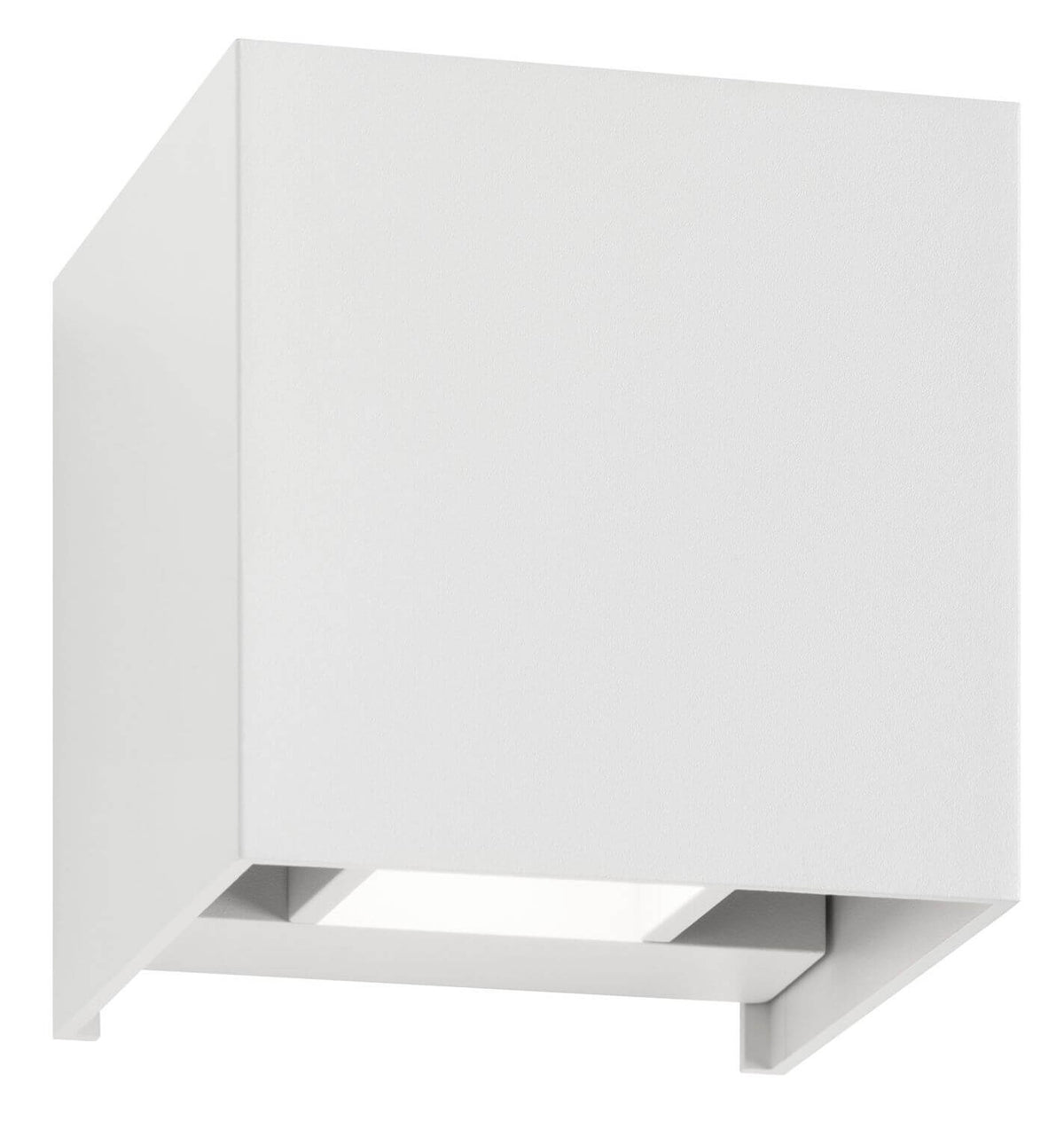 Applique murale cubique blanche vue de trois quarts, diffuseur ouvert vers le bas