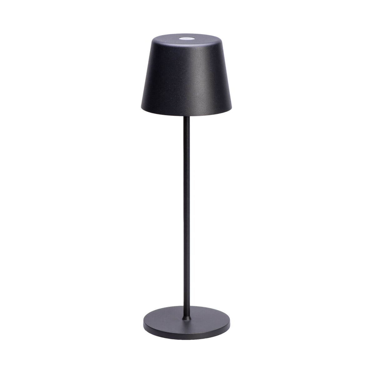 Lampe à poser noire sans fil, abat-jour conique et tige fine sur socle rond.