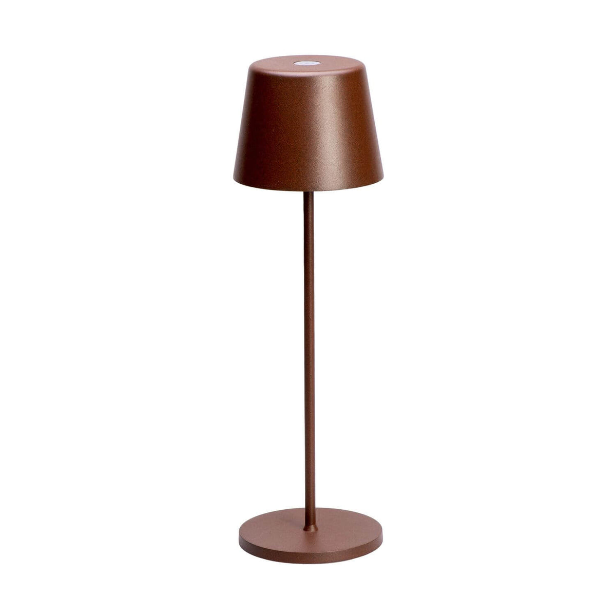 Lampe à poser sans fil de face, finition corten rouille, abat-jour conique et base ronde