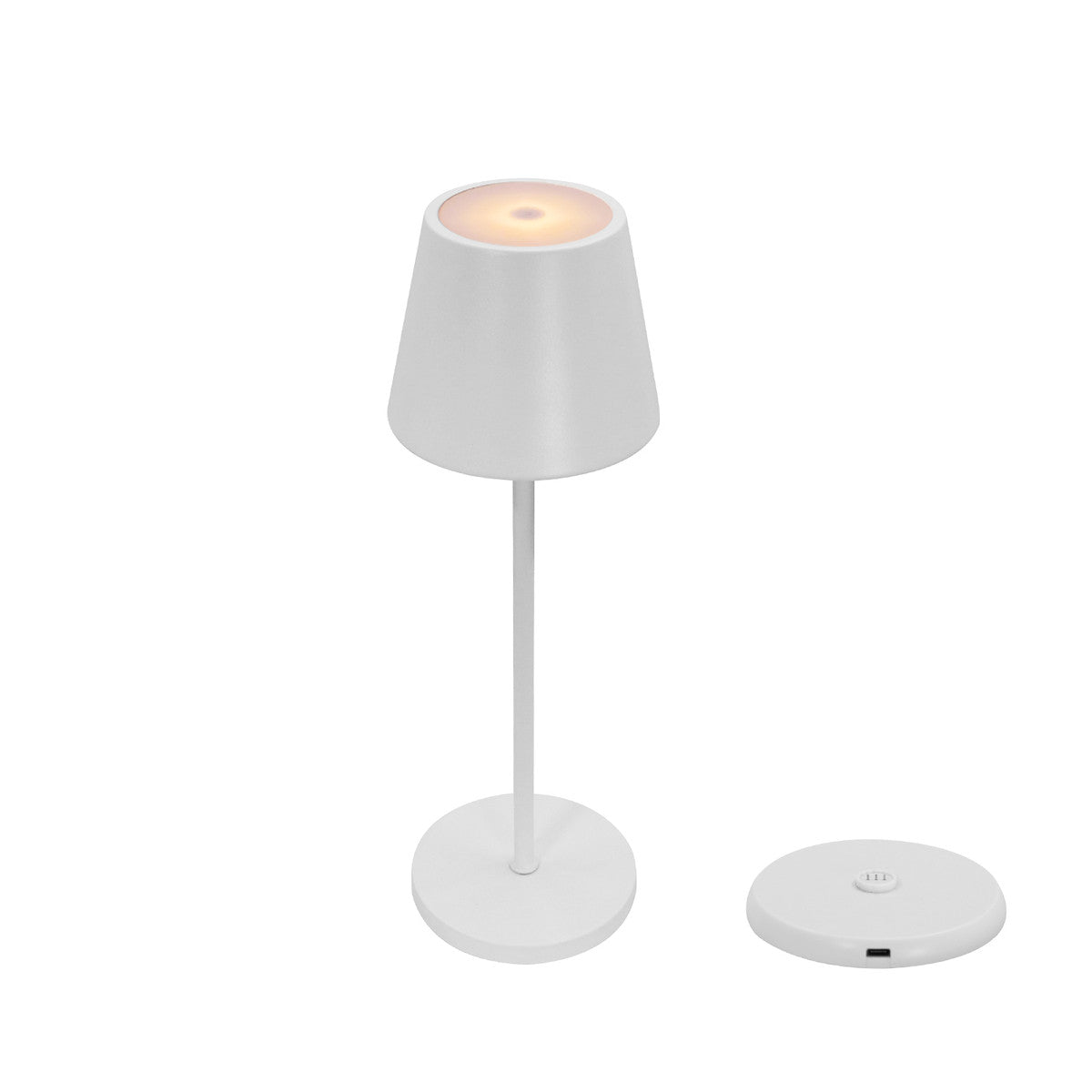 Lampe blanche sans fil vue de face, avec base de charge séparée sur fond blanc