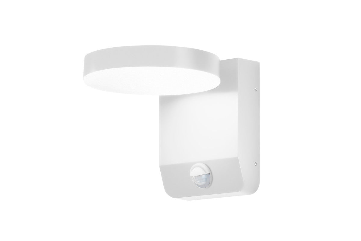 Vue en perspective du luminaire mural blanc, abat-jour circulaire et boîtier rectangulaire