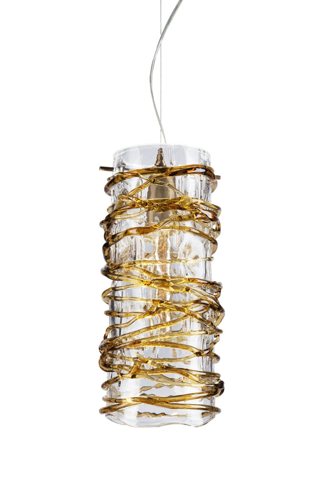 Suspension cylindrique en verre transparent ornée d'un fil torsadé ambré, vue de face sur fond blanc.