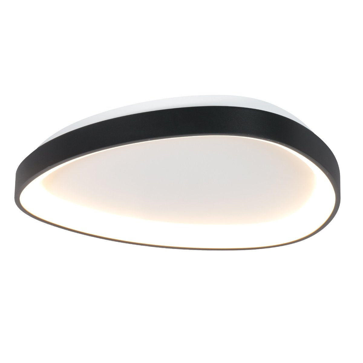 Vue de face du plafonnier rond à cerclage noir et diffuseur blanc