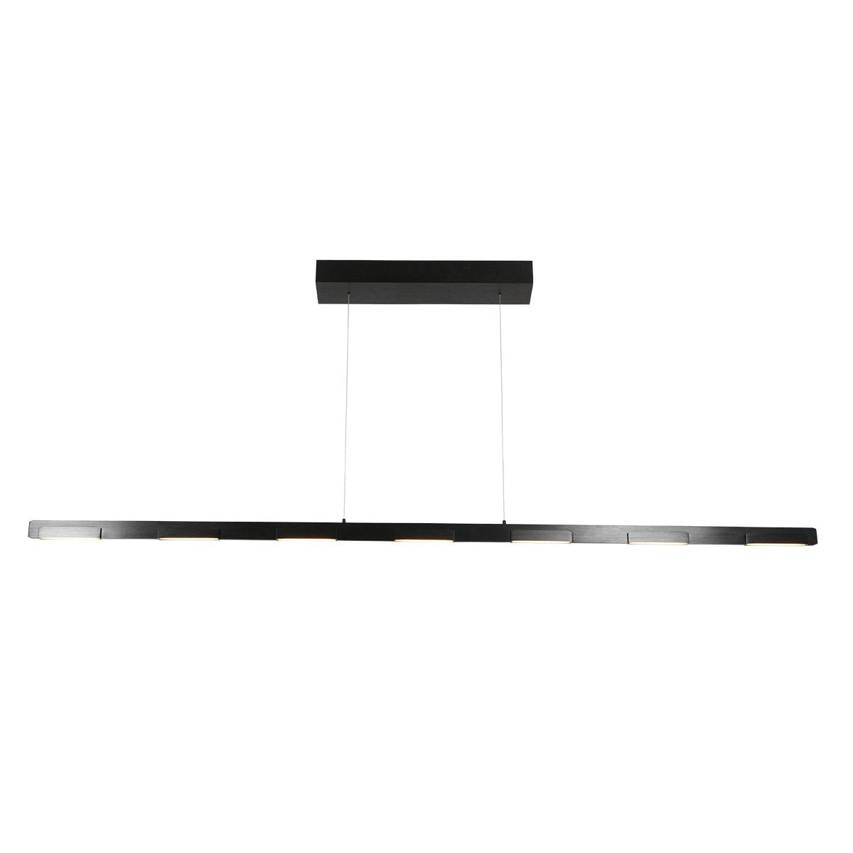 Vue de face du luminaire suspendu noir, longue barre fine sous son support plafond