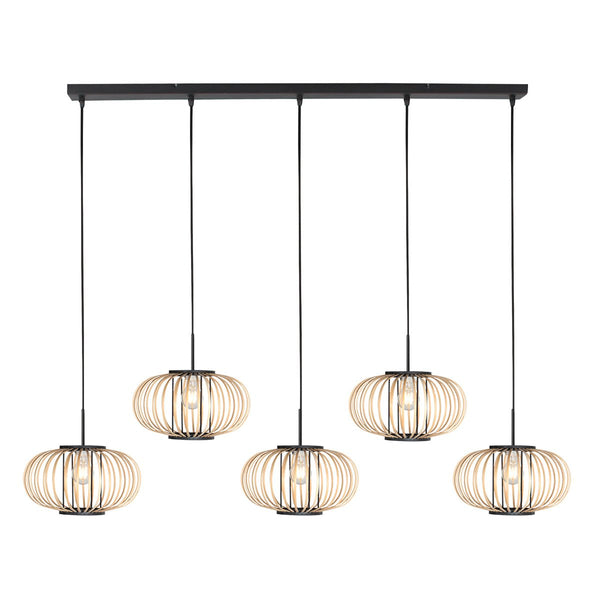 Suspension luminaire Silva noir, 5 lumières, abat-jour en bambou Ø31 cm