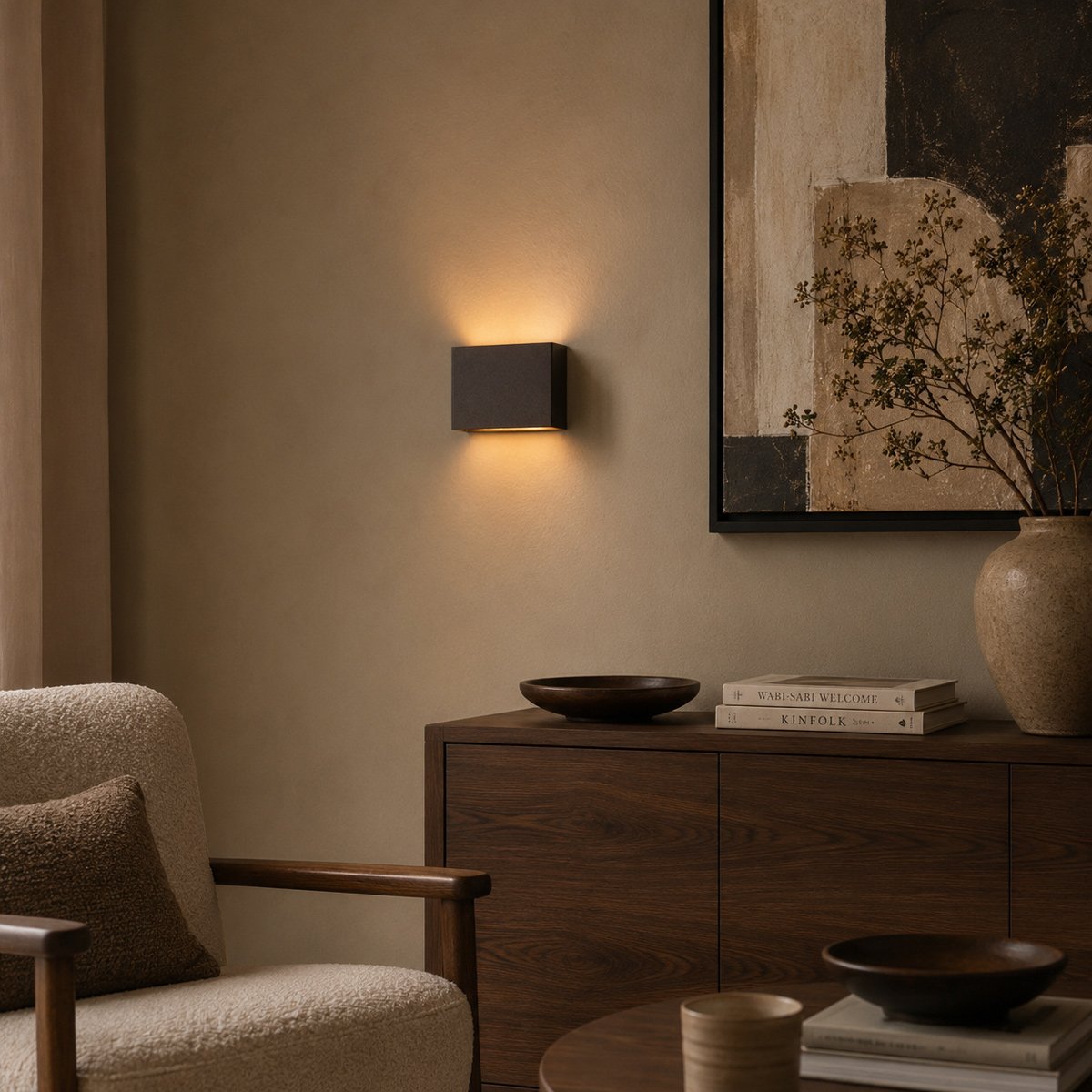Mise en ambiance : applique murale éclairée diffusant une lumière chaude dans un intérieur