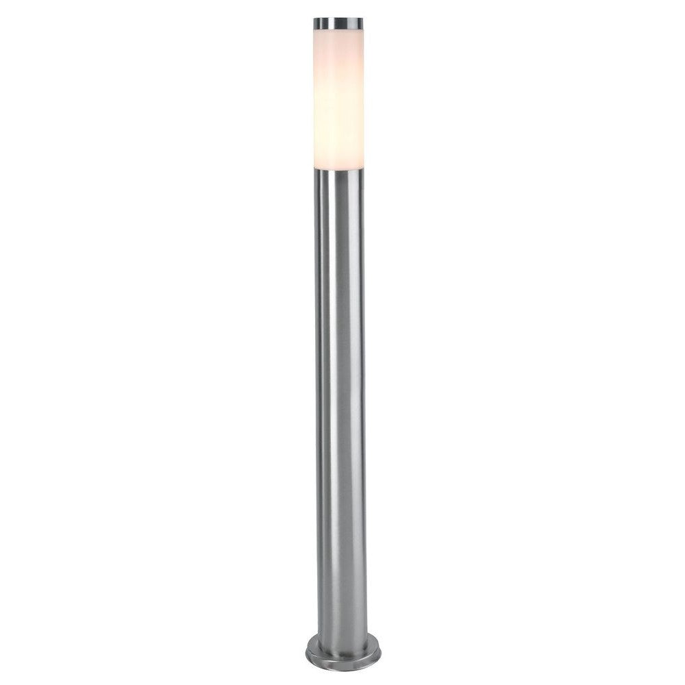 Lampadaire extérieur argenté allumé, cylindre vertical avec diffuseur opale lumineux
