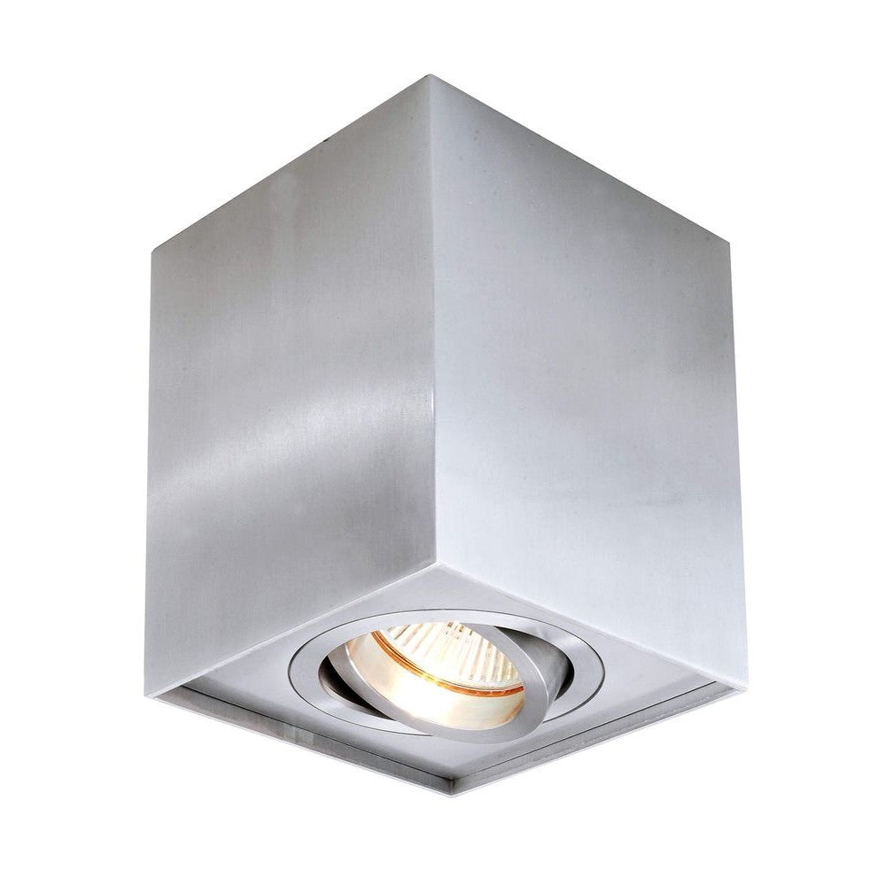 Spot de plafond cubique en aluminium vu de dessous avec ampoule allumée.