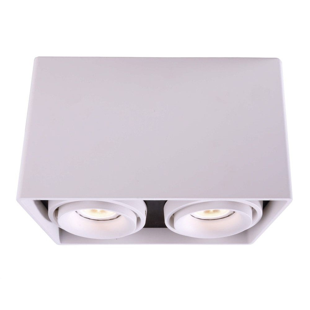Spot de plafond rectangulaire blanc à deux lumières, vue de face.