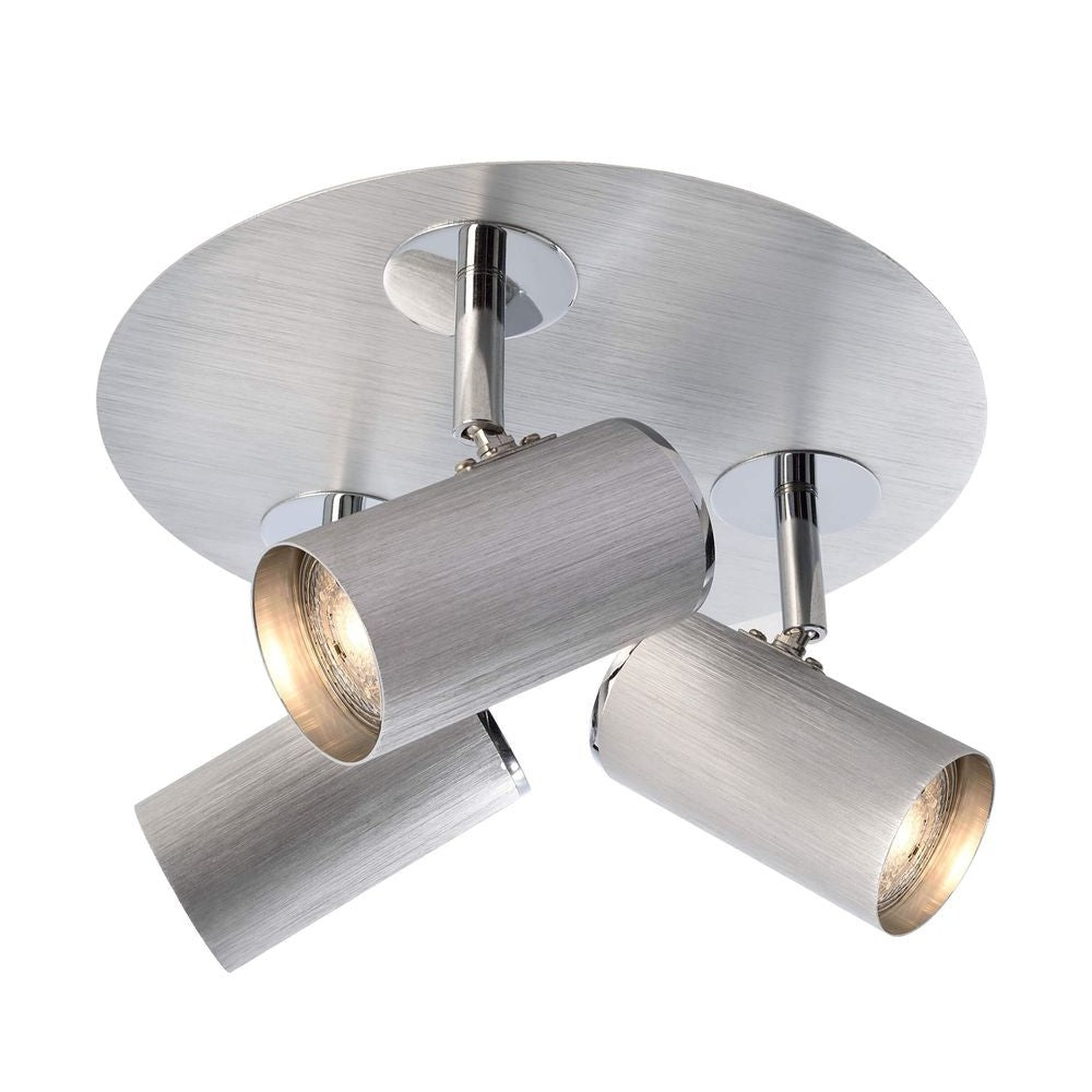 Vue de face du spot plafond à trois cylindres aluminium brossé orientables