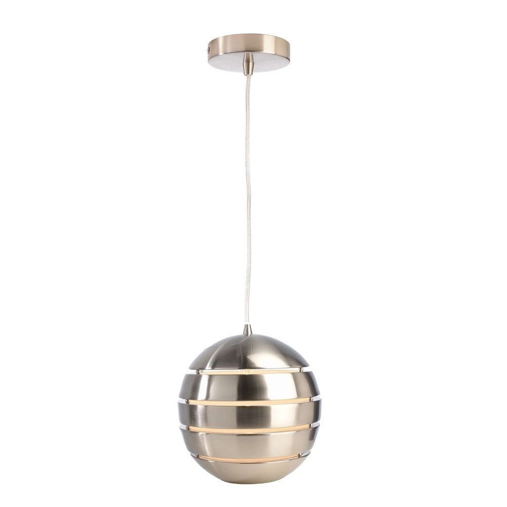 Suspension sphérique en inox avec bandes dorées, vue de face sur fond blanc.